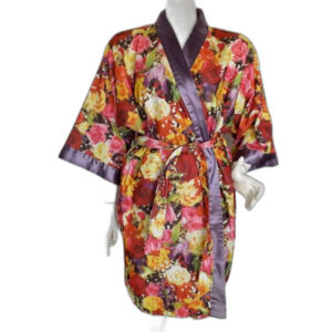 HOLLYWOOD FACE Robe, OS, Floral Print, Terry Cloth, Satin Trim, Wrap/Sash